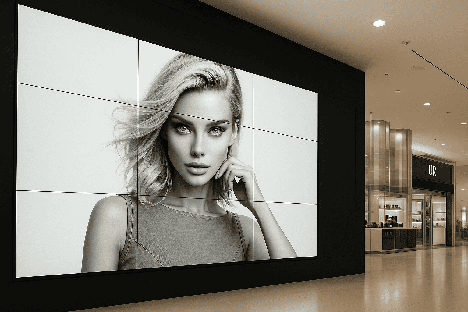 Digital Signage riešenie – videowall s portrétom ženy v modernom obchodnom centre