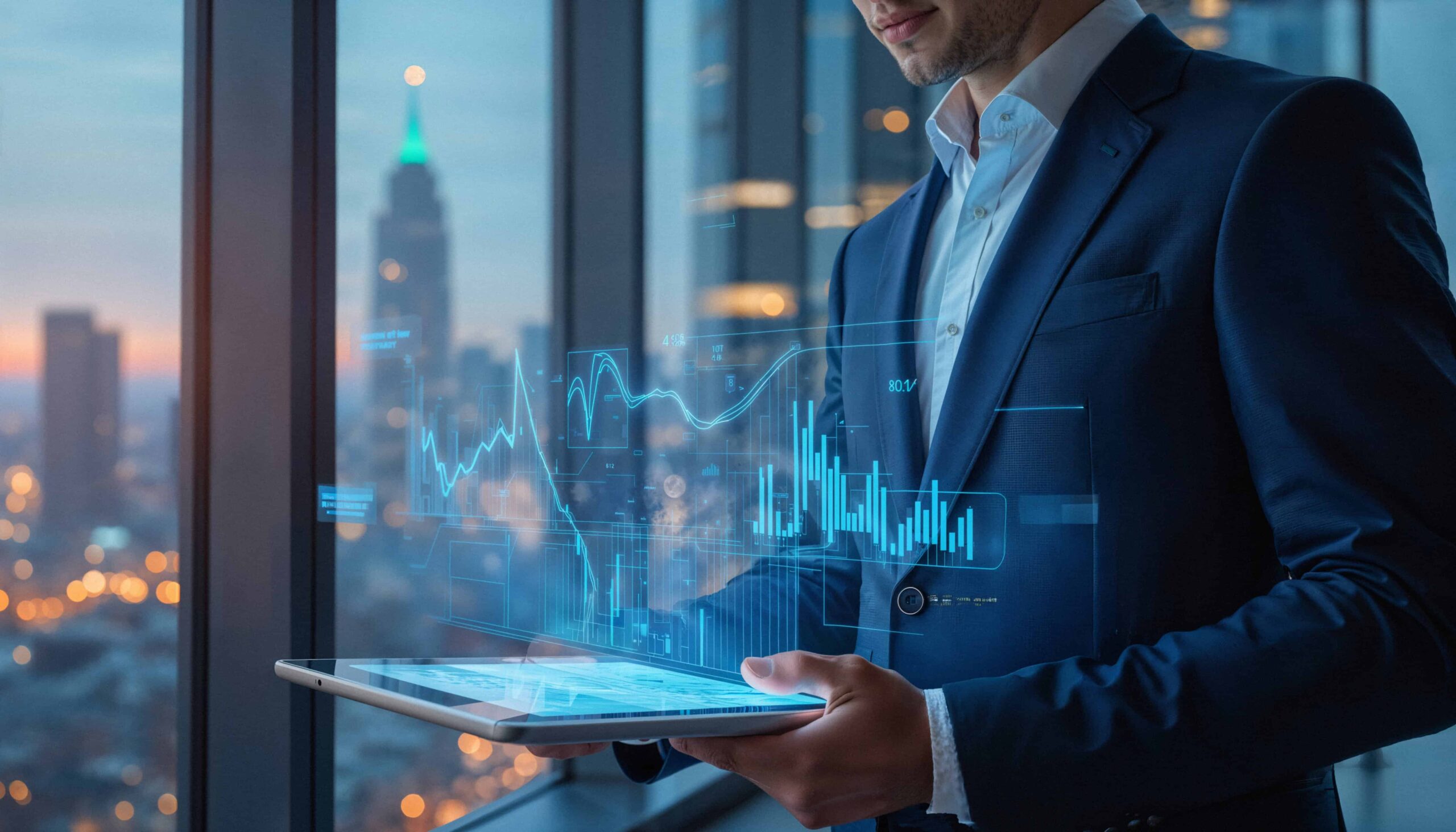 Budinessman s tabletom analyzujúci digitálne dáta — leasing technológií v modernom podniku