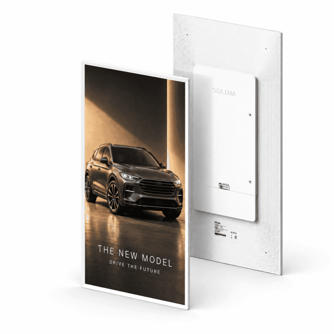Digitálny ePoster s automobilovou kampaňou a ukážkou zadnej strany zariadenia.